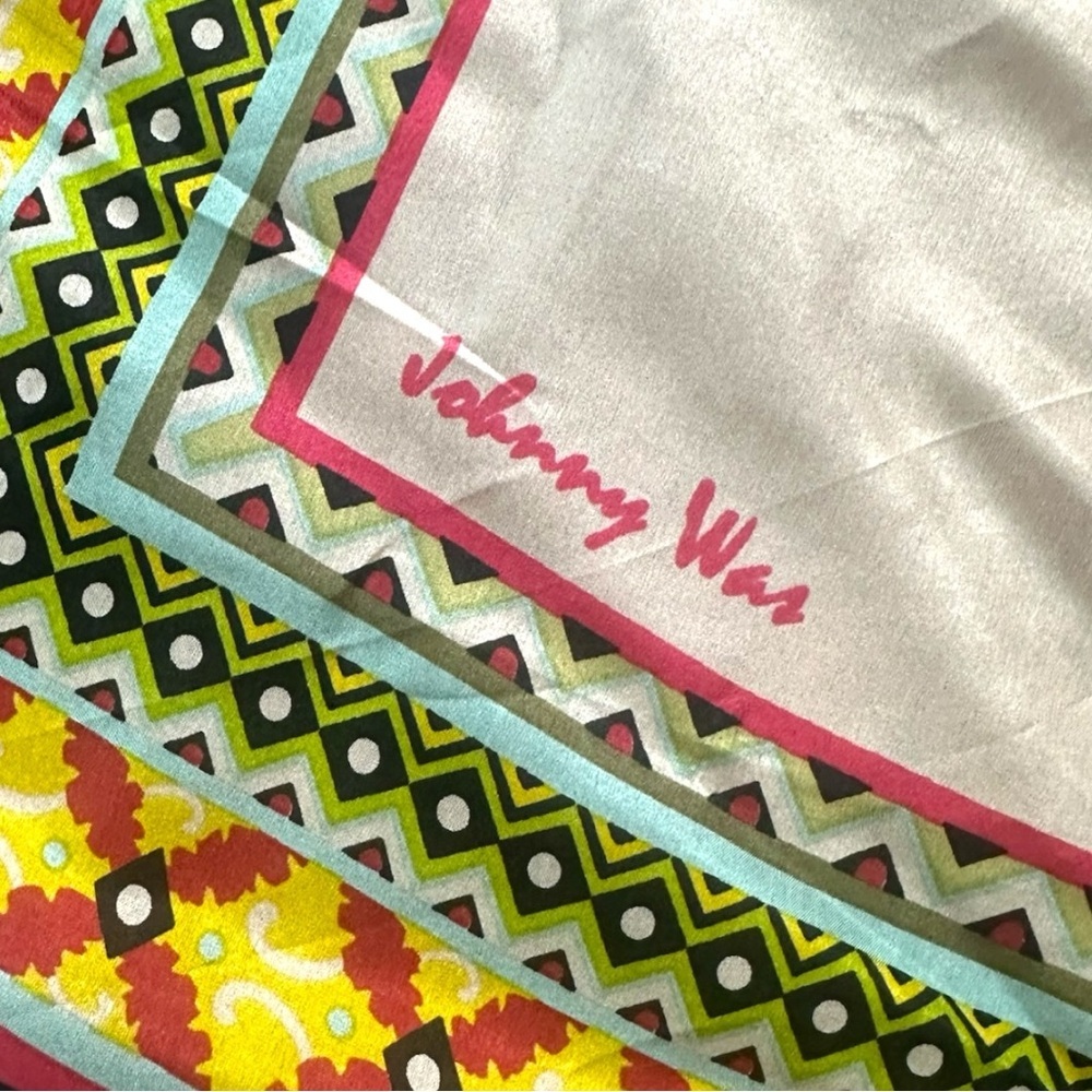 Johnny Was Aqua Multicolor Patterned Silk Scarf with Tassels - Picture 8 of 11
